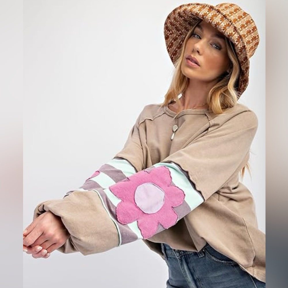 Women's T-Shirt Flower Patchwork Exposed Seam Raglan Sleeve Top Long Sleeve